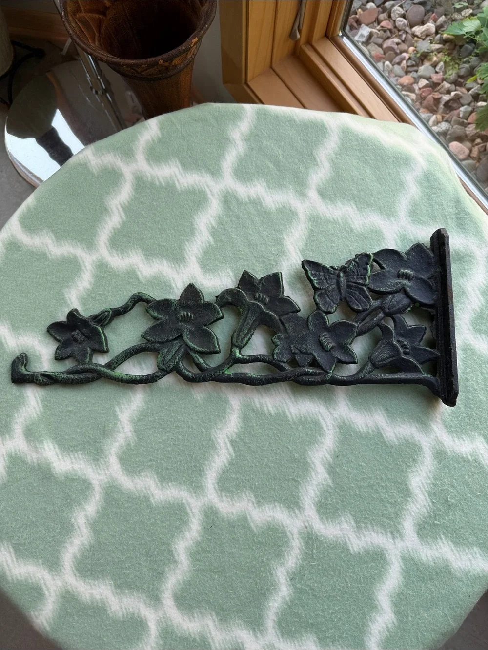 Vintage Cast Iron Floral Plant Bracket Wall Hook - Green and Black